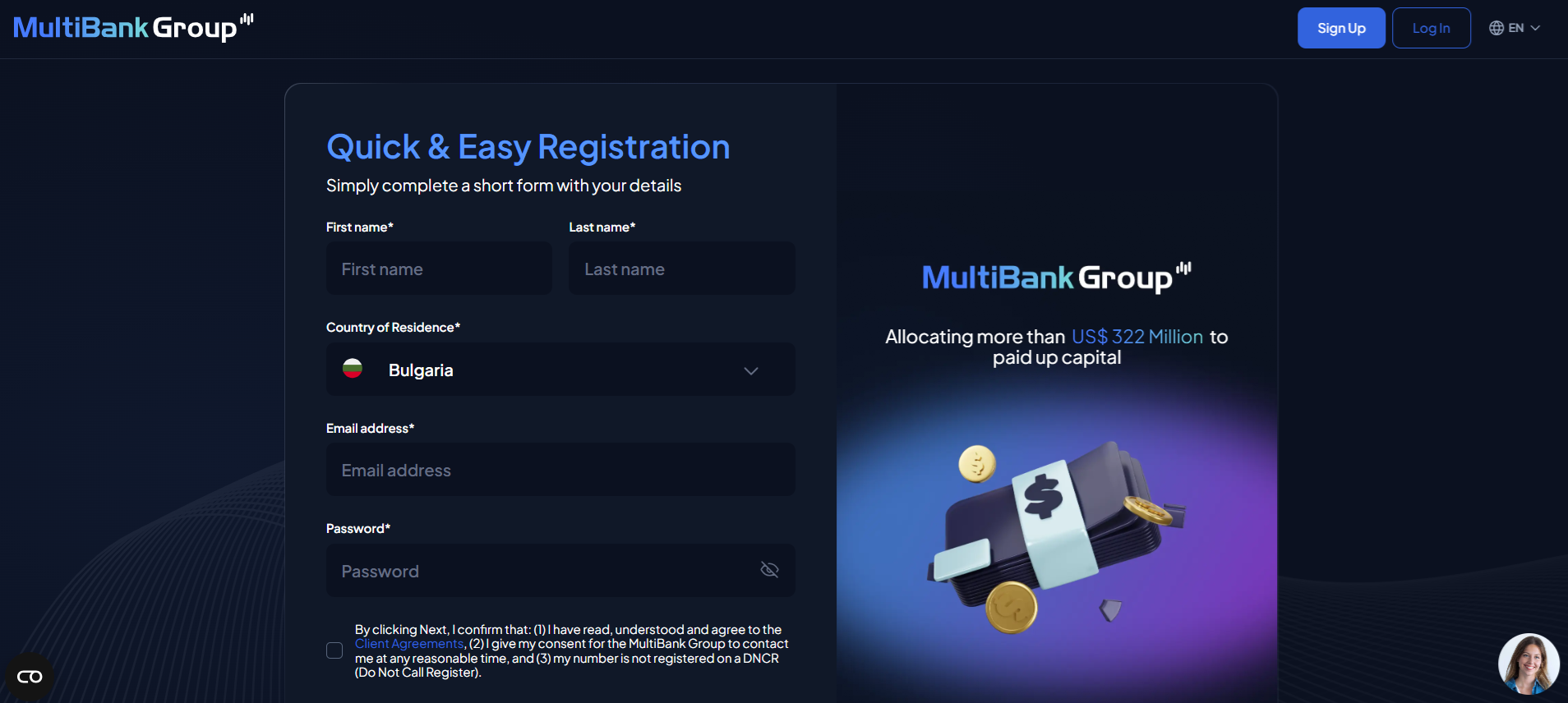 MultiBank’s account registration form