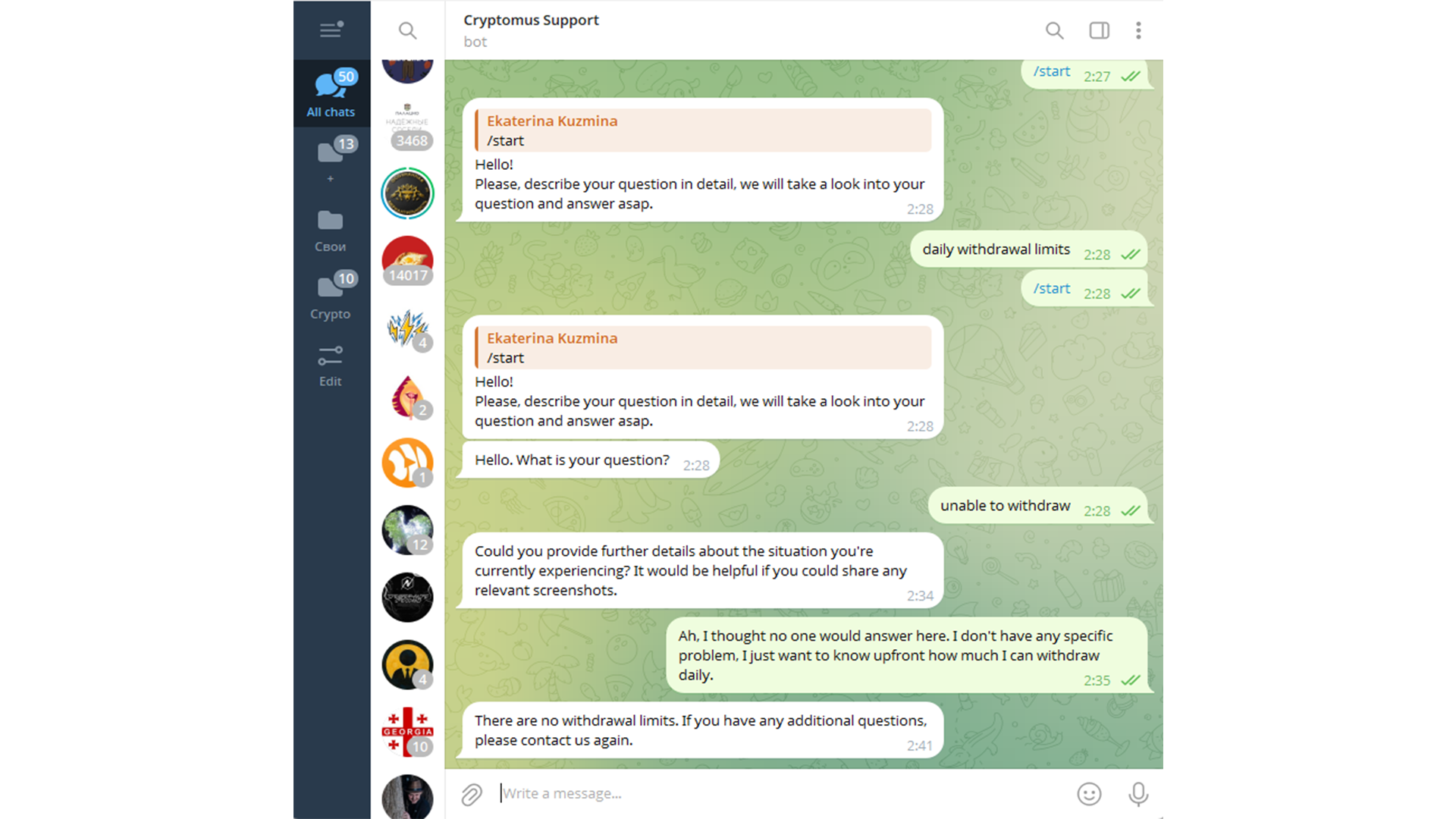 L’assistenza di Cryptomus tramite Telegram