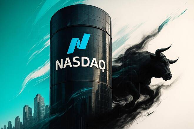 Nasdaq building and bull, FX Empire