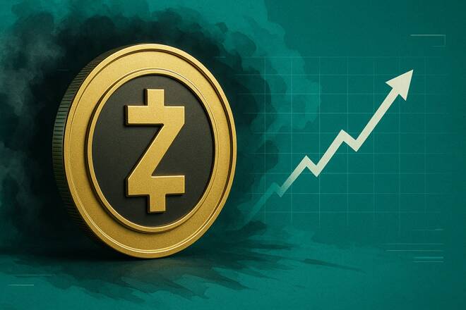 Zcash coin and upwards arrow. FX Empire