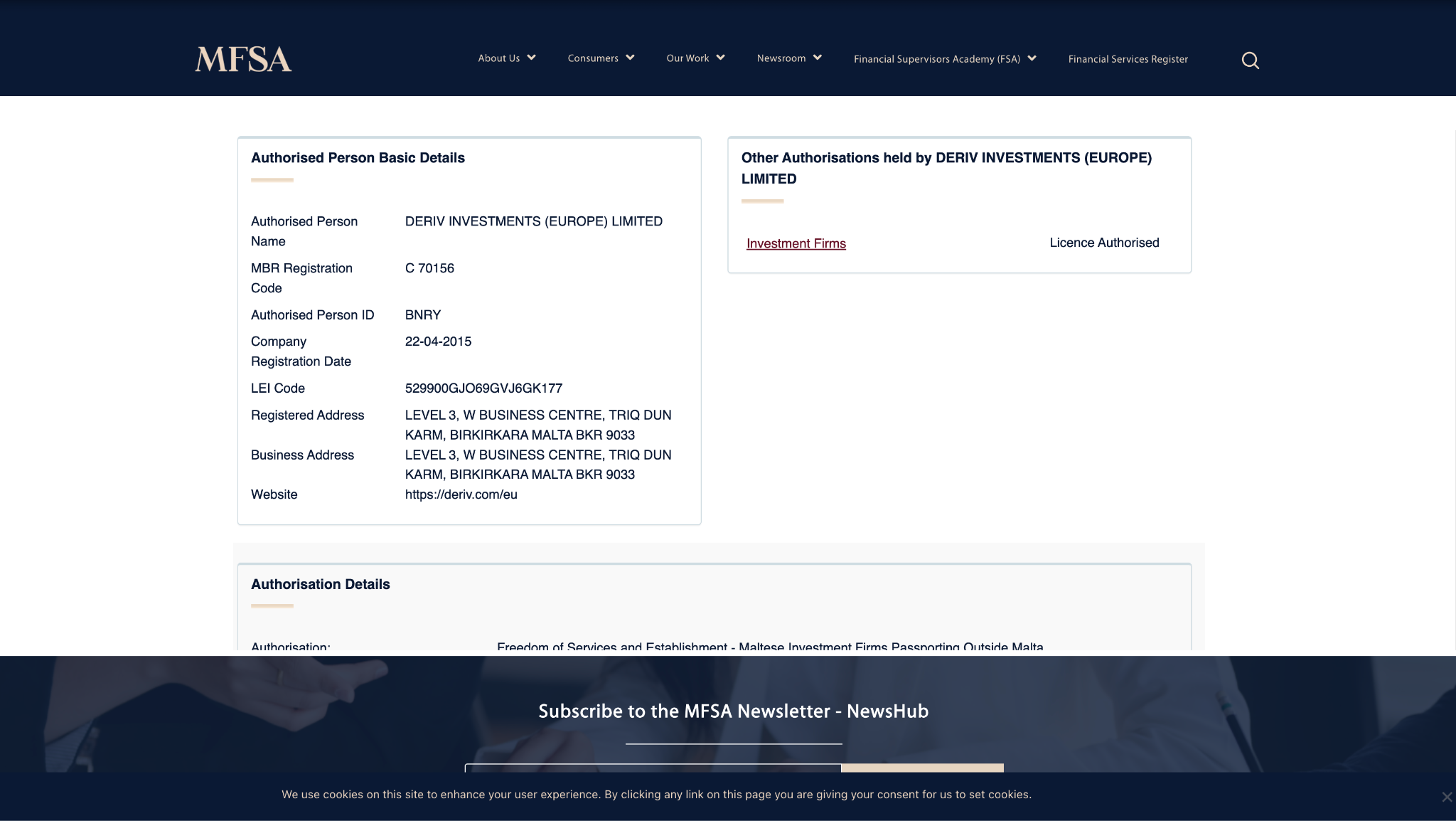 Deriv Investments (Europe) Limited on the MFSA register