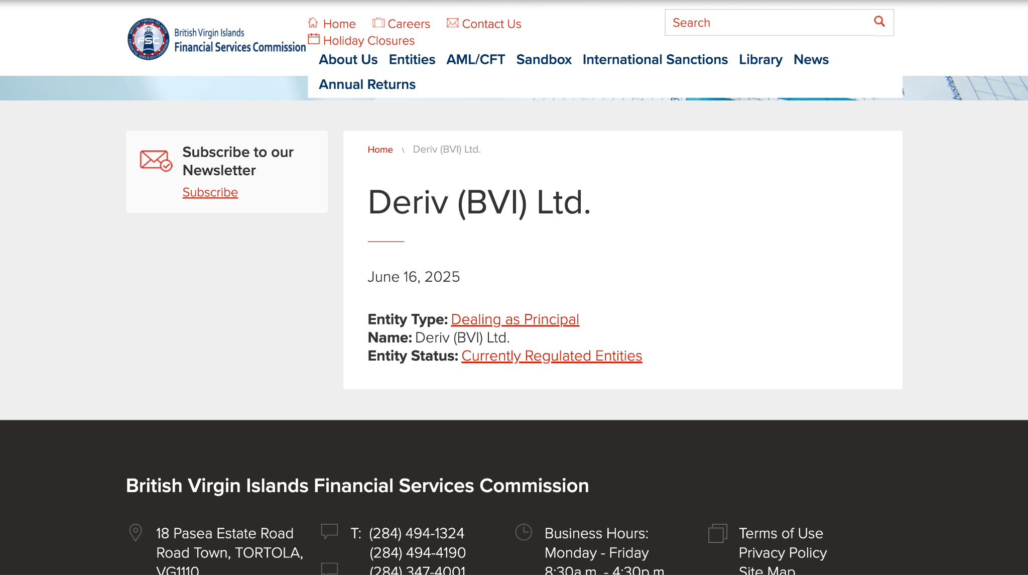 Deriv (BVI) Ltd on the BVI FSC register