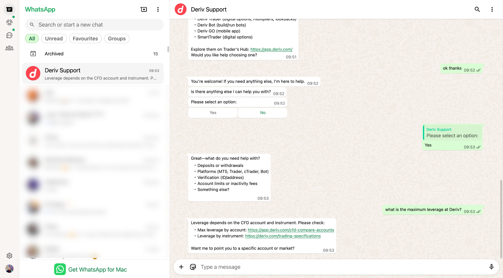 Deriv support via WhatsApp