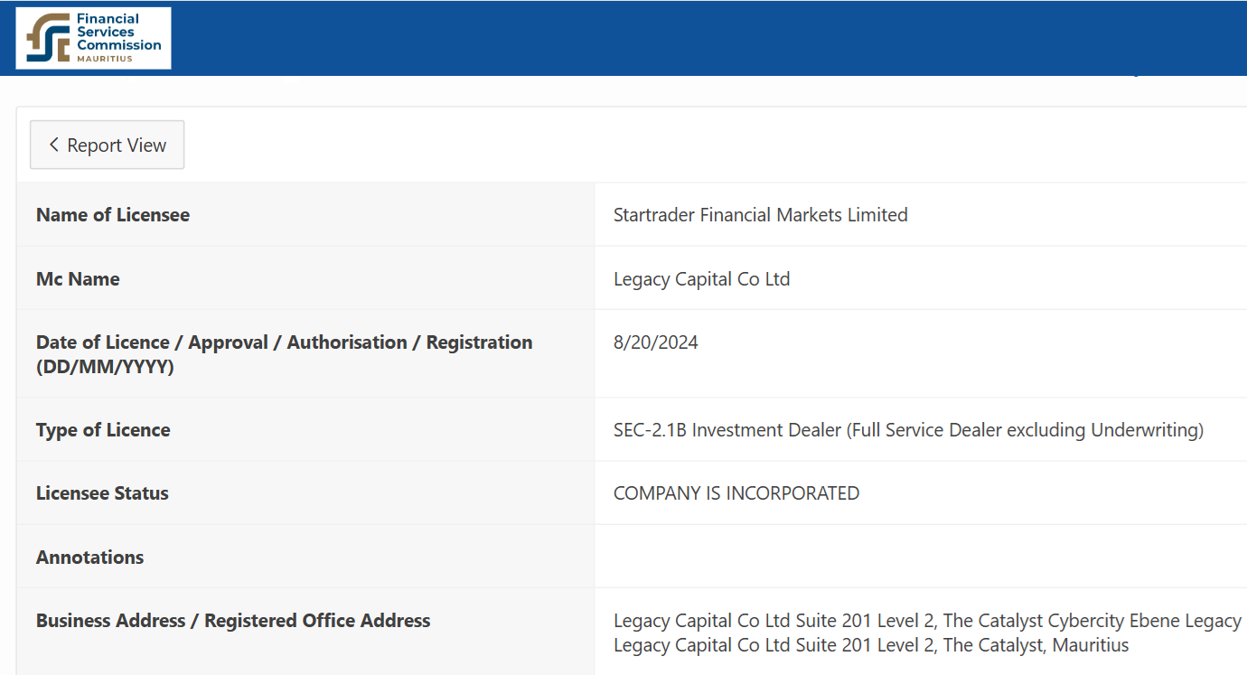 STARTRADER Financial Markets Limited’s licensing info at fscmauritius.org