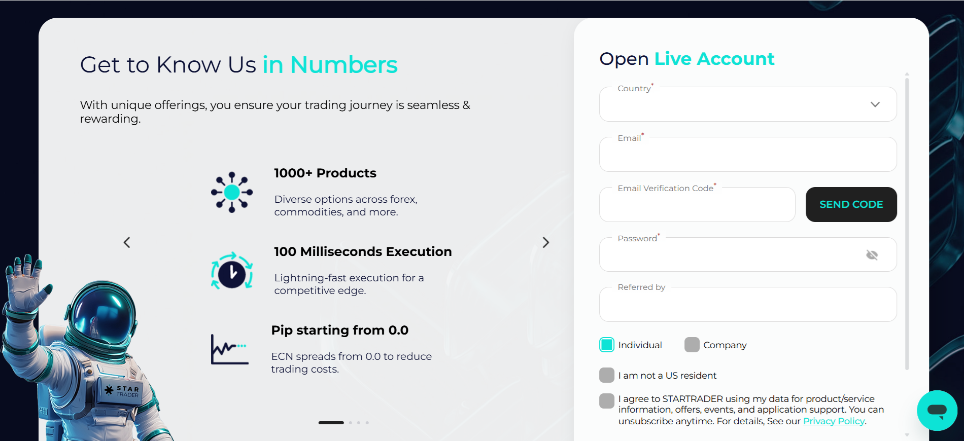 STARTRADER’s account registration form
