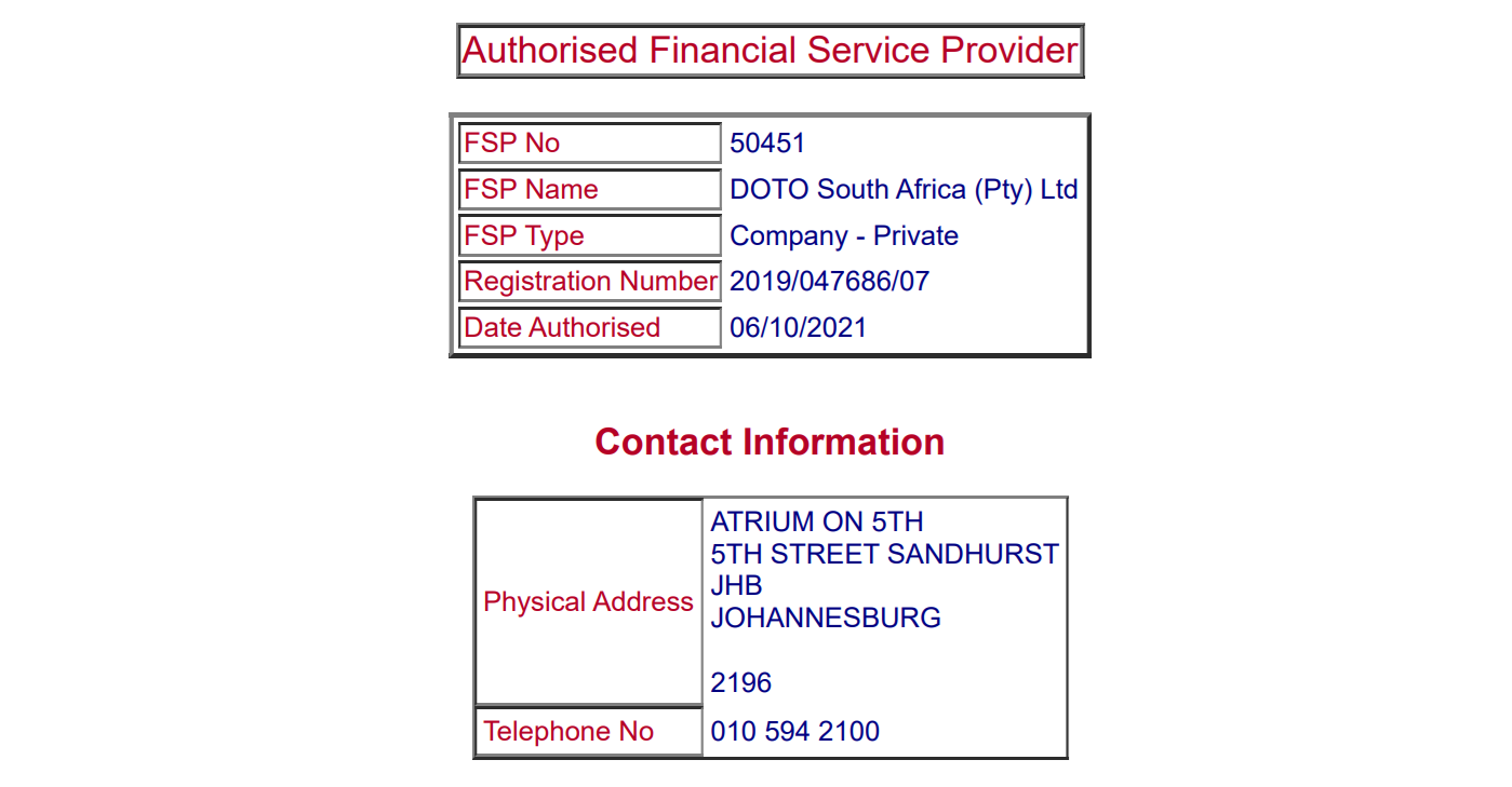 Doto South Africa (Pty) Ltd’s licensing info at fsca.co.za