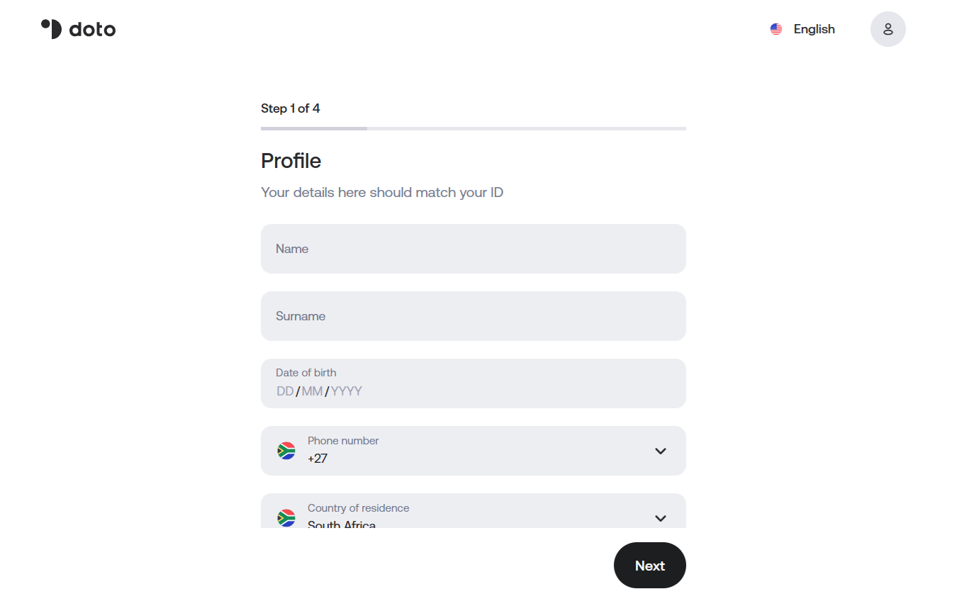 Doto’s account registration form