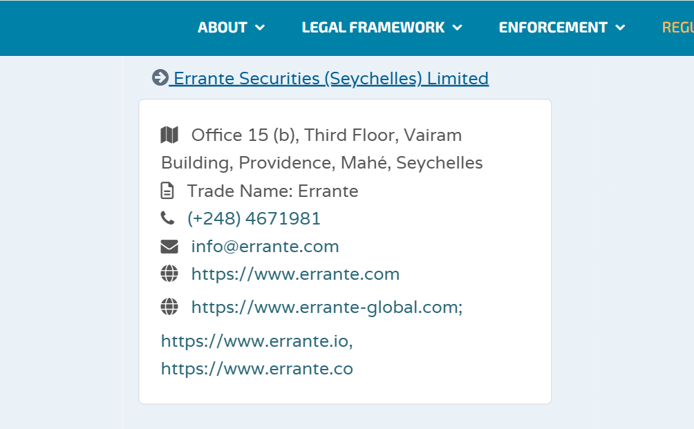 Errante Securities (Seychelles) Ltd’s licensing info fsaseychelles.sc