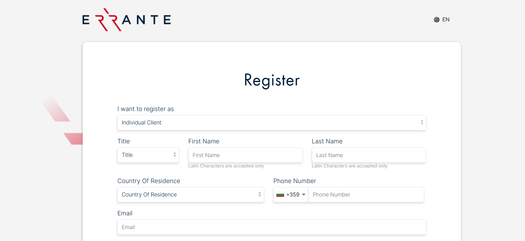 Errante’s account registration form