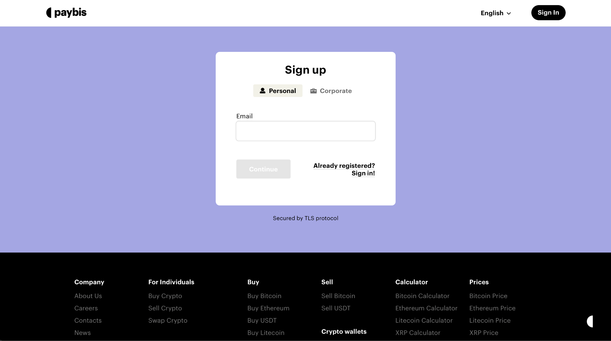 Pagina di registrazione di Paybis