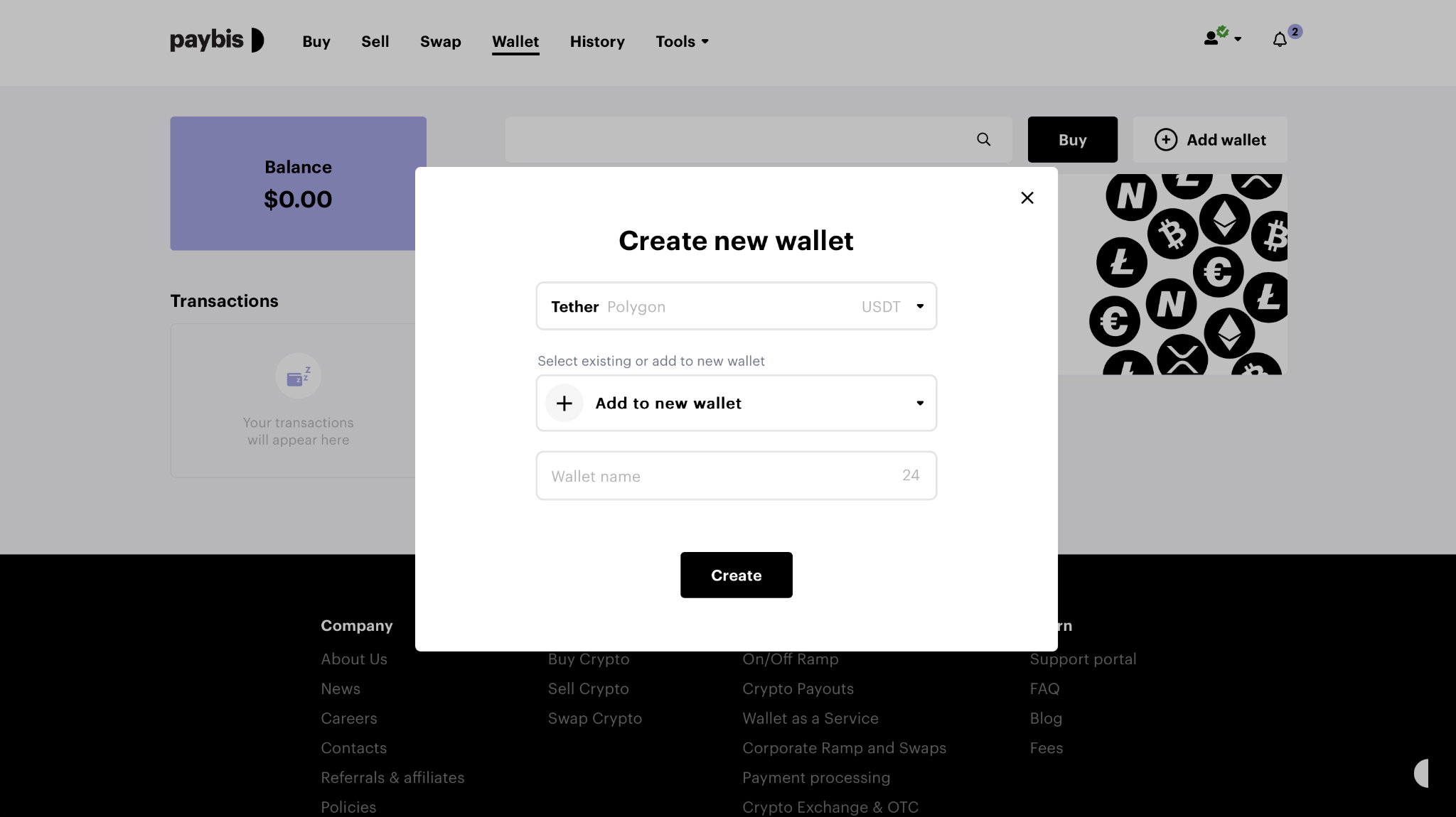 Creazione di un portafoglio di criptovalute su Paybis