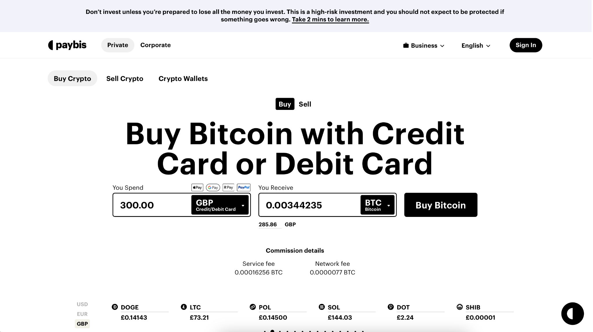 Comprare criptovalute su Paybis desktop