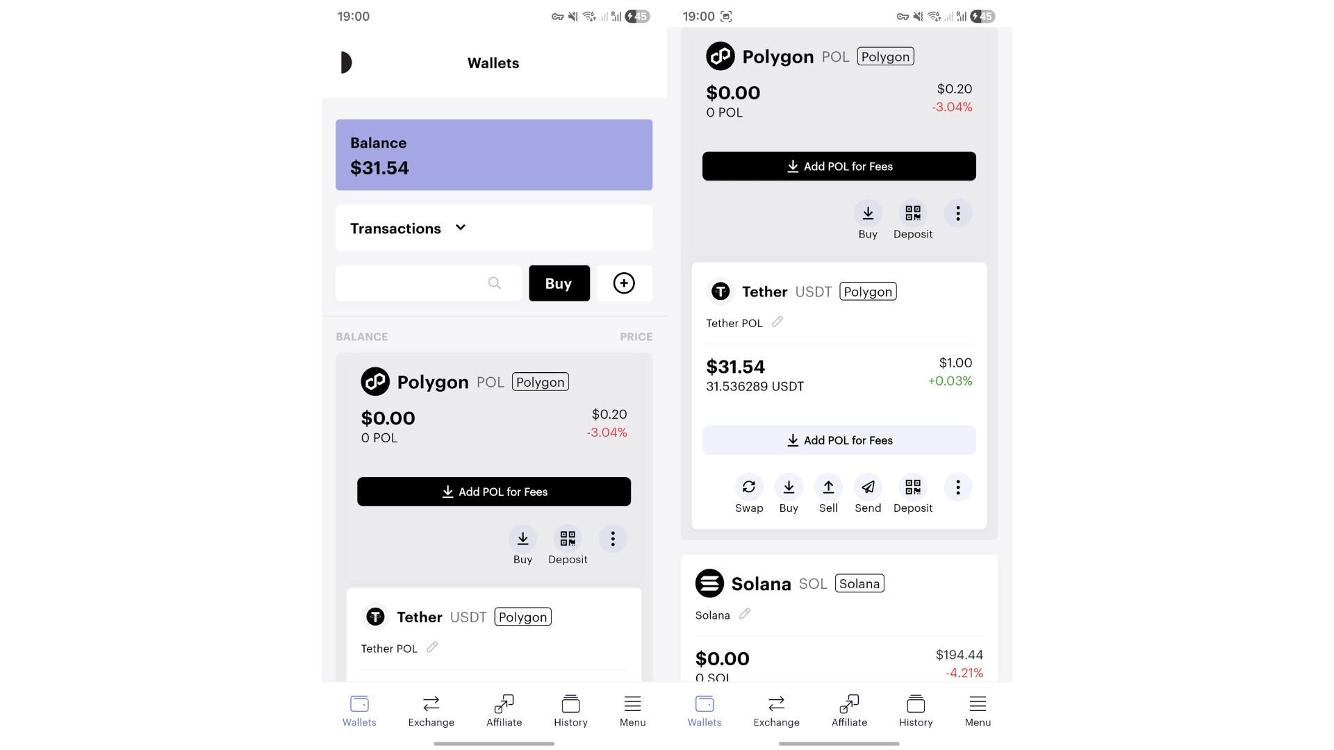 Interfaccia mobile Paybis Wallet