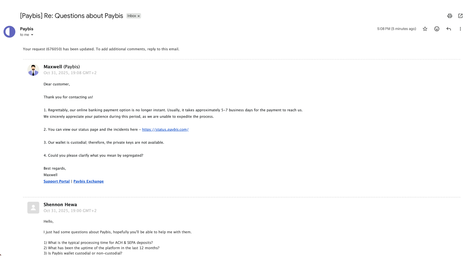 Supporto di Paybis via email