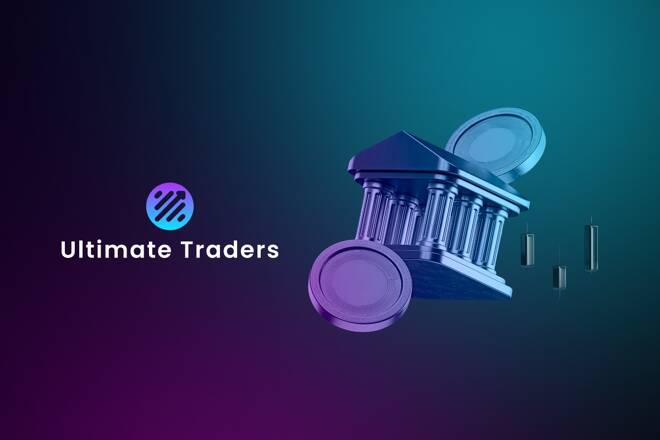 Ultimate Traders logo, coins and building. FX Empire