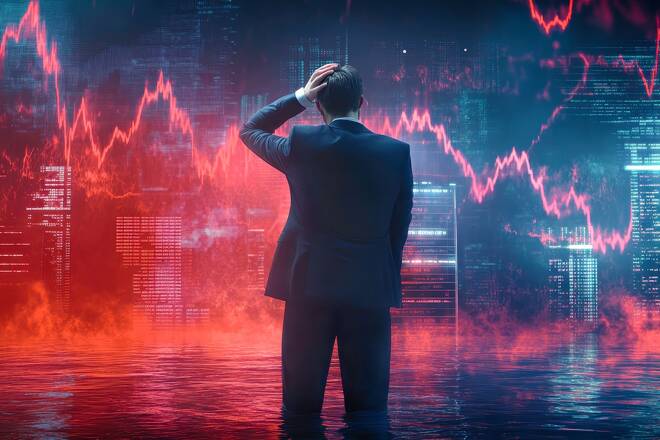 Trader in front of bearish chart, FX Empire