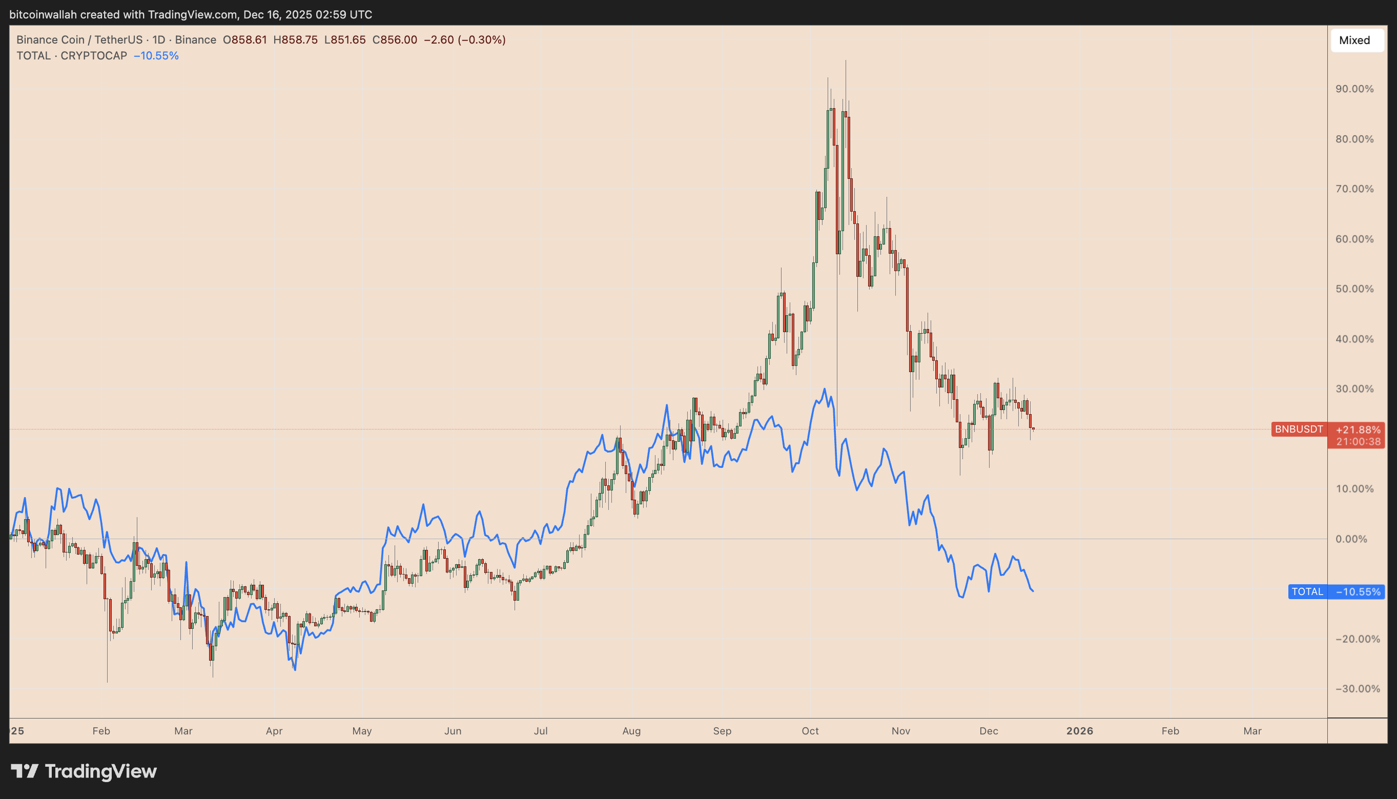 BNB/USDT vs. TOTAL crypto market cap YTD performance