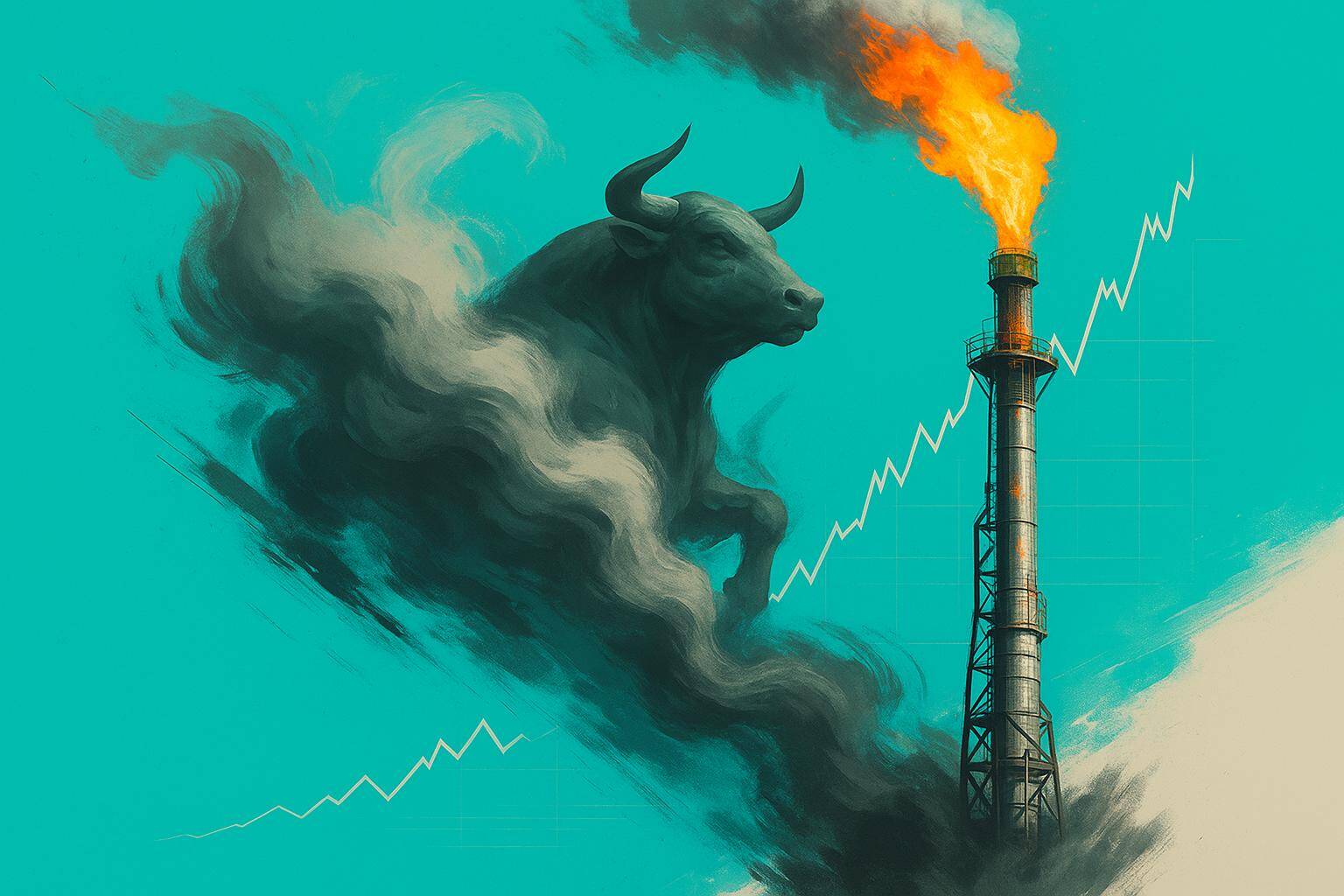 Torre de perforación de gas natural y llama, y toro. FX Empire