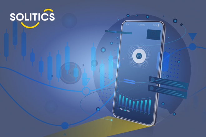 Solitics logo, smartphone and trading chart. FX Empire