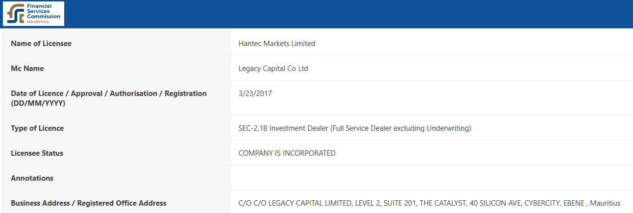 Hantec Markets Ltd’s licensing info at fscmauritius.org.