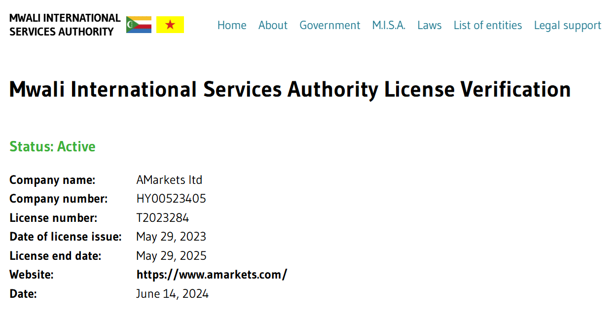 AMarkets Ltd’s licensing info at mwaliregistrar.info