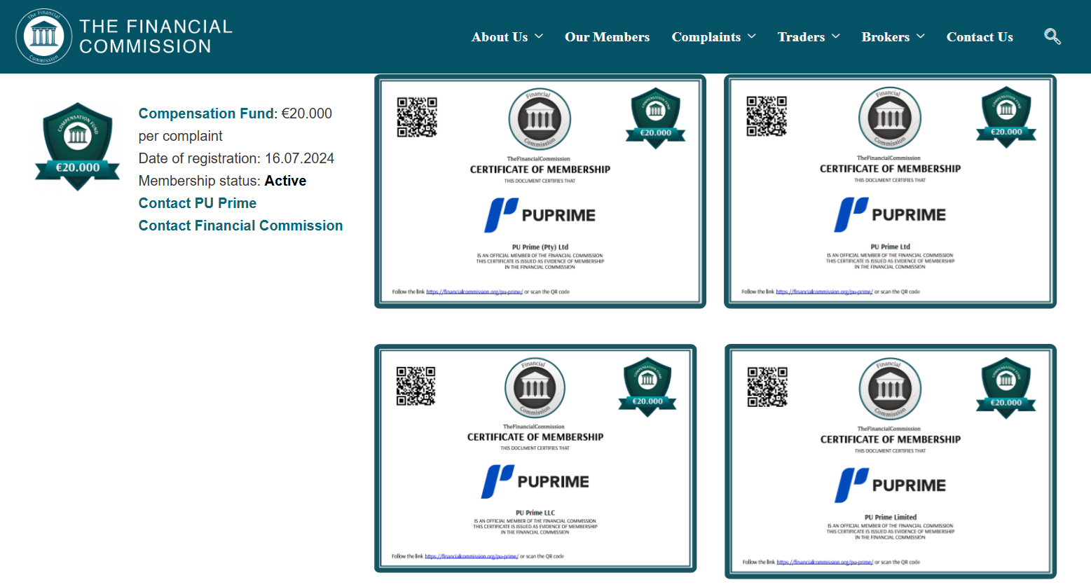 PU Prime’s certificates of participation in The Financial Commission