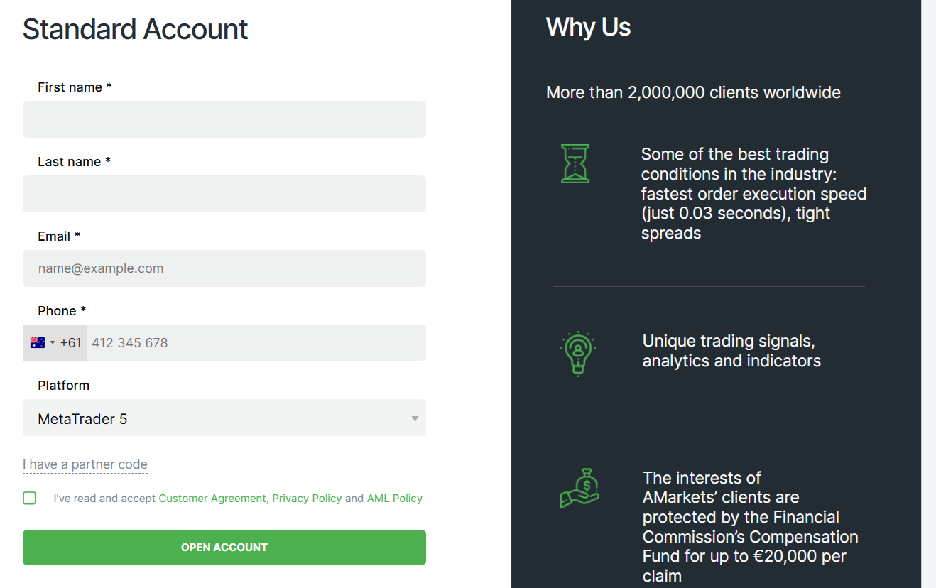 AMarkets’ account registration form
