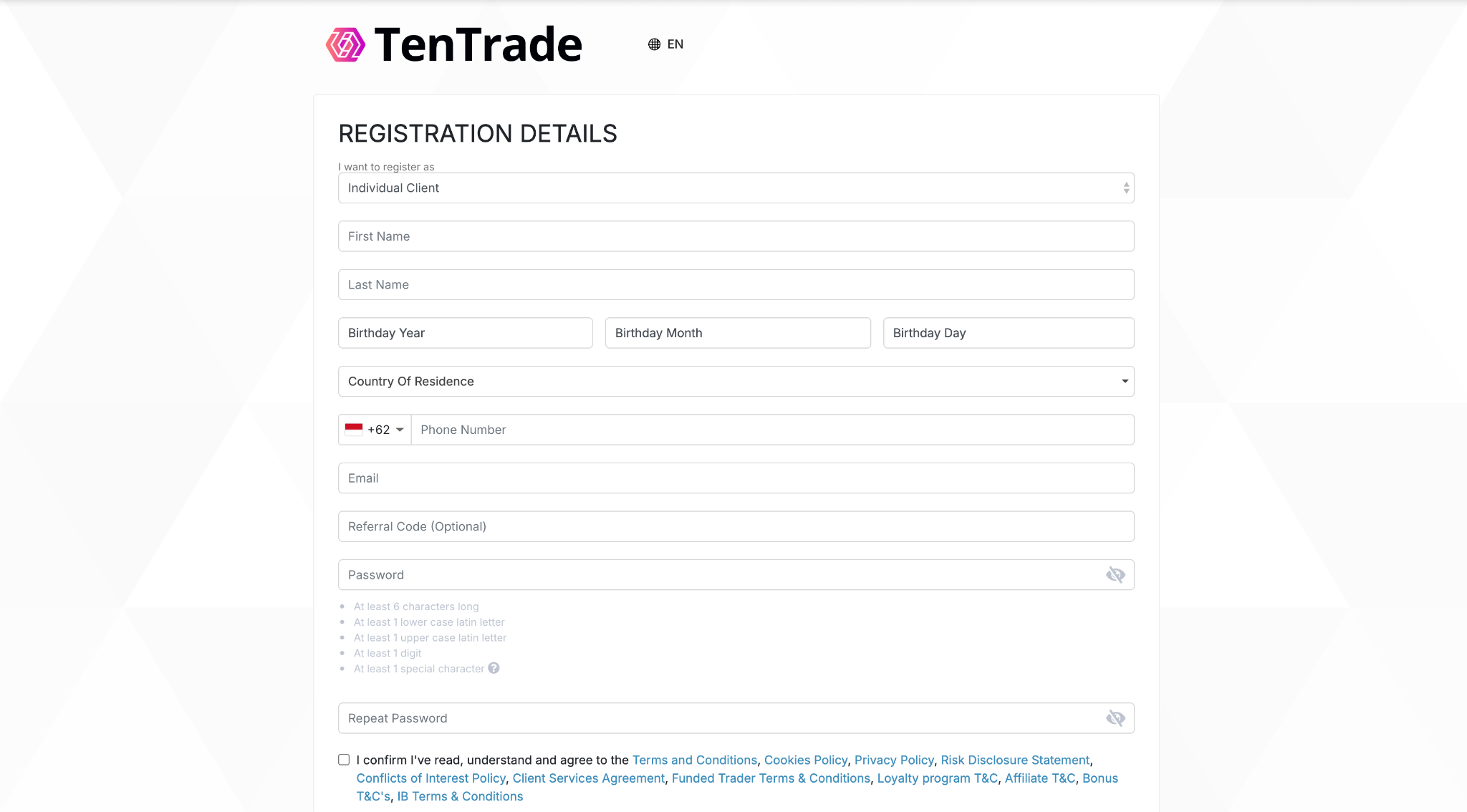 TenTrade's registration form