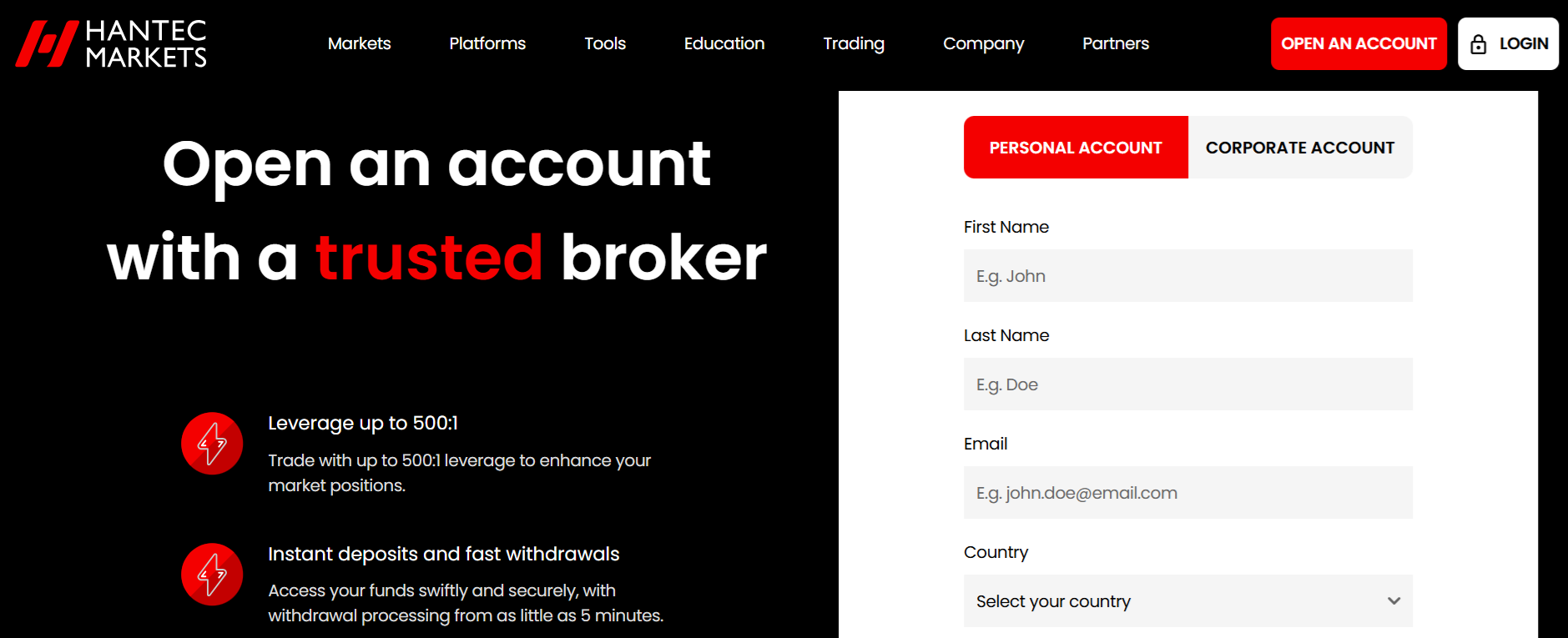 Hantec’s account registration form
