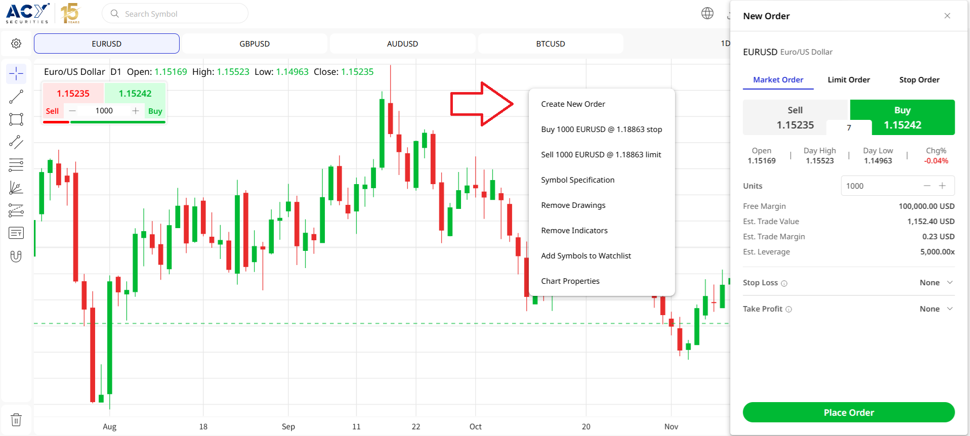 Placing an order on the ACY Trading Platform