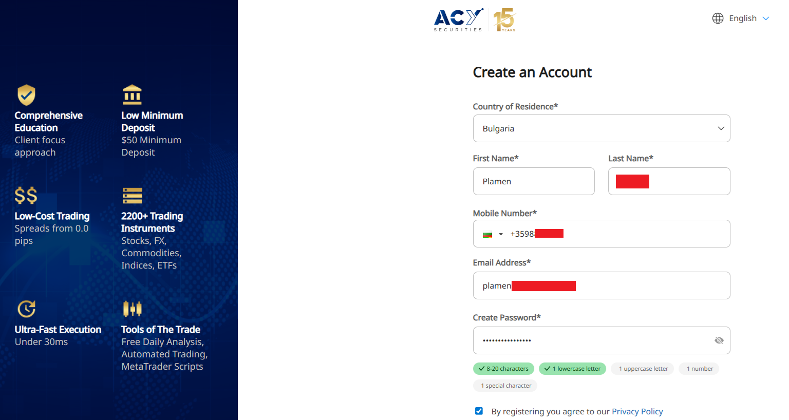 ACY Securities’ registration form