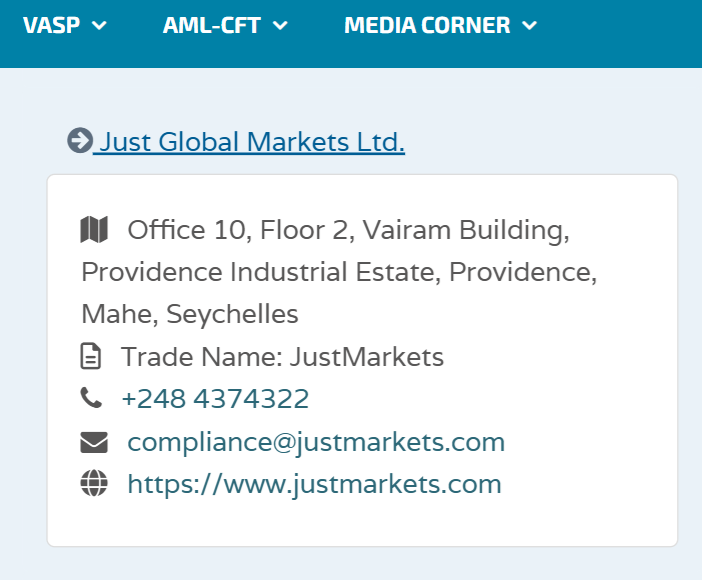 Just Global Markets Ltd’s licensing info at fsaseychelles.sc
