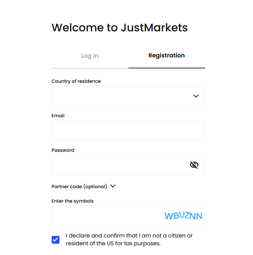 JustMarkets’ registration form