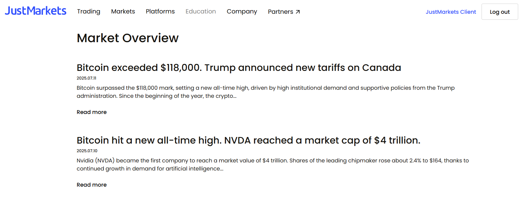 JustMarkets news screener