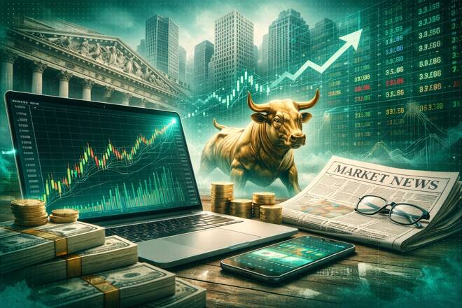 Laptop, Dolars, phone, trading charts and bull.