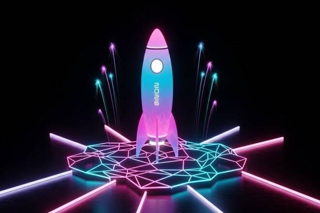 Rocket on coloured platform. FX Empire