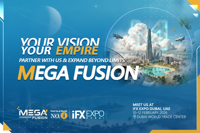 Promotional banner for Mega Fusion at iFX Expo Dubai, showing a futuristic city skyline with the slogan “Your Vision, Your Empire.”. FX Empire