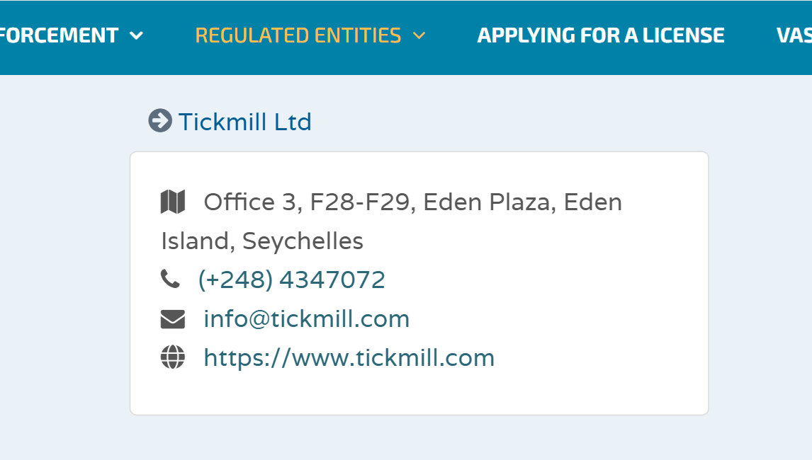 Tickmill Limited’s licensing info at fsaseychelles.sc