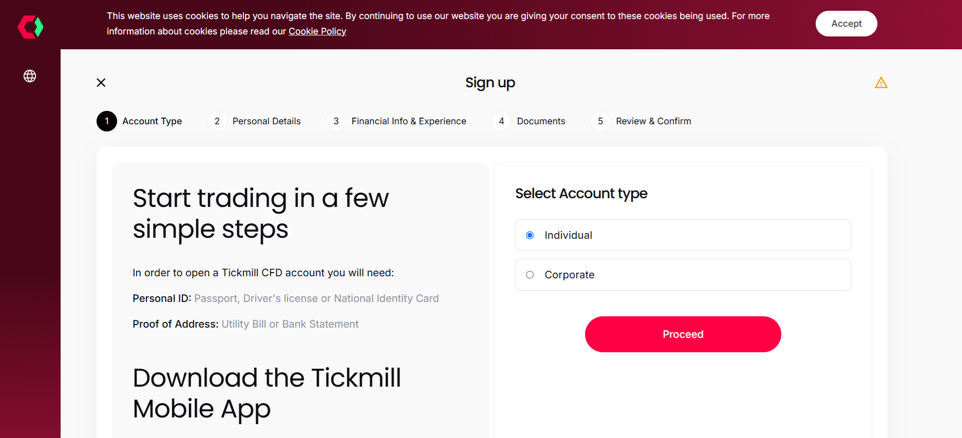 Tickmill’s account registration form