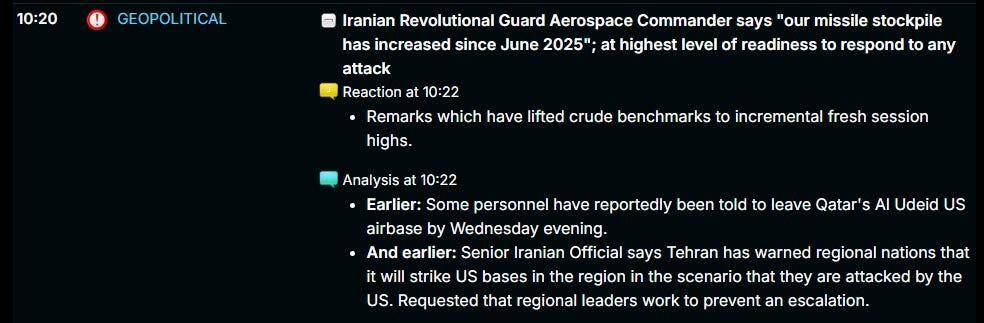 Screenshot of a geopolitical news alert reporting Iran Revolutionary Guard Aerospace Commander stating missile stockpiles increased since June 2025, highest readiness to respond to attacks, oil prices rising, and warnings involving US bases and Al Udeid air base.