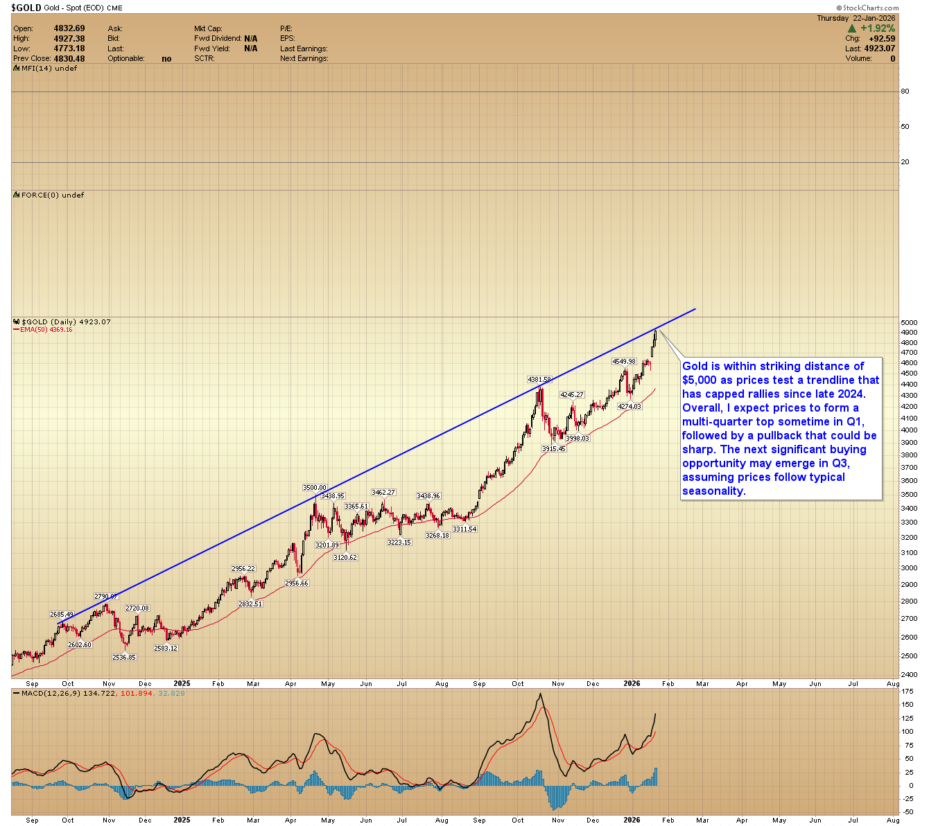 Daily candlestick chart for Gold (XAUUSD) showing a parabolic vertical rally from $2,600 in 2025 to nearly $5,000 in Jan 2026.