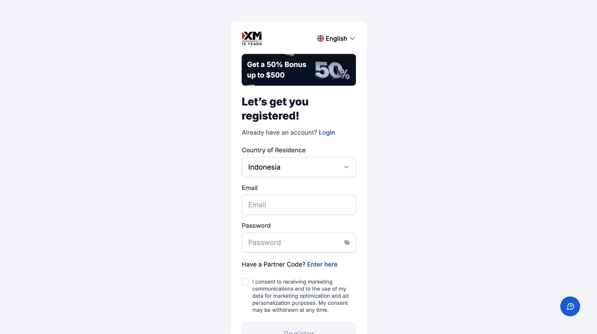 Registration form at XM