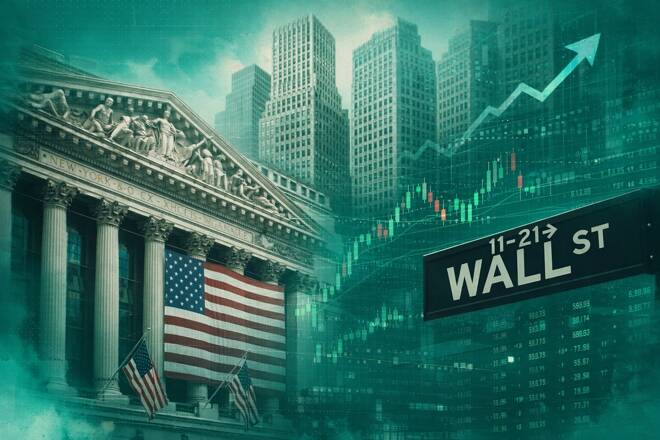 US flag, Wall Street buildings and panel, and trading chart.
