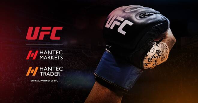 UFC gloved hand, UFC, Hantec Markets and Hantec Trader logos.