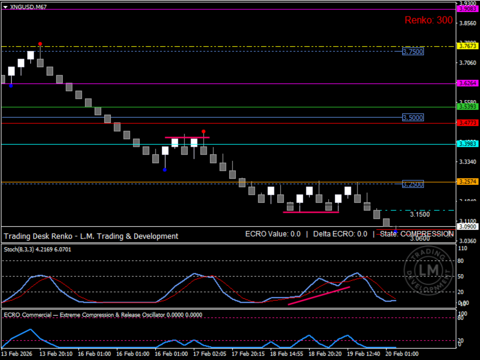 Henry Hub natural gas Renko chart showing compression near the 3.10 support zone.