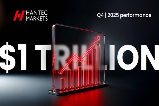 Hantec Markets logo, 1 Trillion number, bullish chart and their Q4, 2025 performance label.