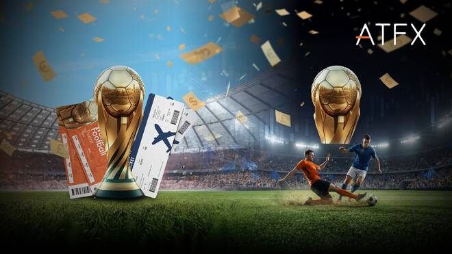 Soccer field with two World Cups, players and airline tickets, along with the ATFX logo.