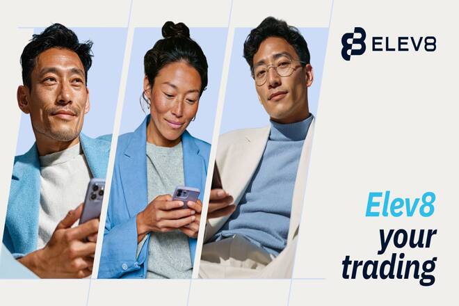 Three traders and the new Elev8 broker logo., including "Elev8 your trading" campaign.