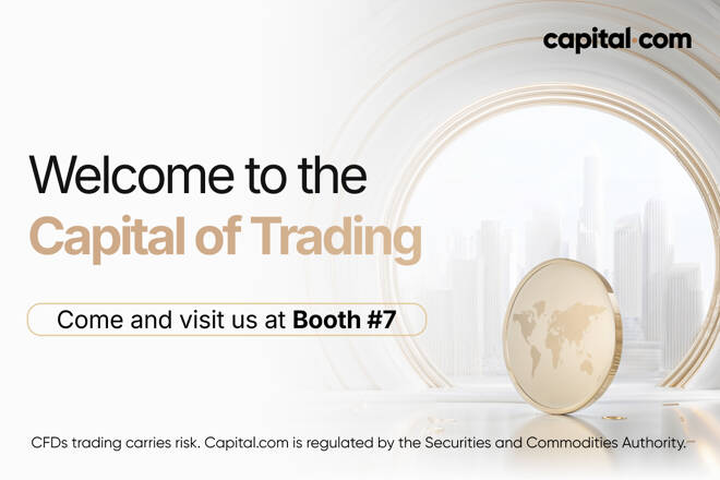 Global Coin, Dubai, Capital.com logo and invitation to visit them at the Booth#7.