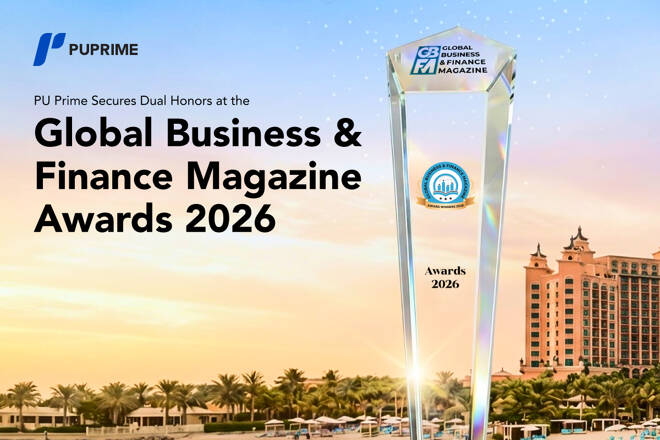 PU Prime logo, Global Business & Finance Magazine Awards 2026 label, the award and a city.